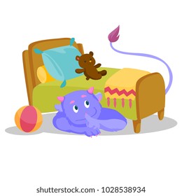 Cute purple monster with tail hiding under the bed and putting finger up to his lips. Monster showing silence sign under the bed of a child. Vector cartoon illustration isolated on white background.