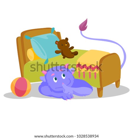 Cute purple monster with tail hiding under the bed and putting finger up to his lips. Monster showing silence sign under the bed of a child. Vector cartoon illustration isolated on white background.