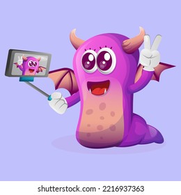 Cute purple monster takes a selfie with smartphone. Perfect for kids, small business or e-Commerce, merchandise and sticker, banner promotion, blog or vlog channel
