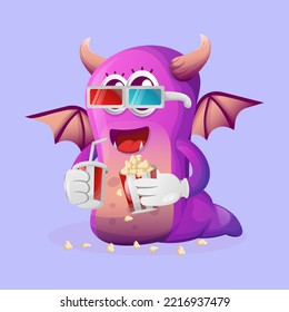 Cute purple monster watching movie with holding soda and popcorn. Perfect for kids, small business or e-Commerce, merchandise and sticker, banner promotion, blog or vlog channel
