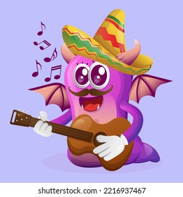 Cute purple monster wearing mexican hat with playing guitar. Perfect for kids, small business or e-Commerce, merchandise and sticker, banner promotion, blog or vlog channel
