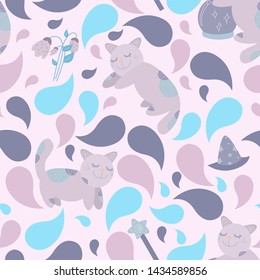 cute purple mystic cat vector pattern