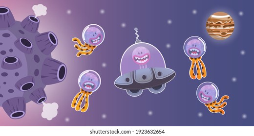 Cute Purple Octopus Alien Astronauts Playing In Space