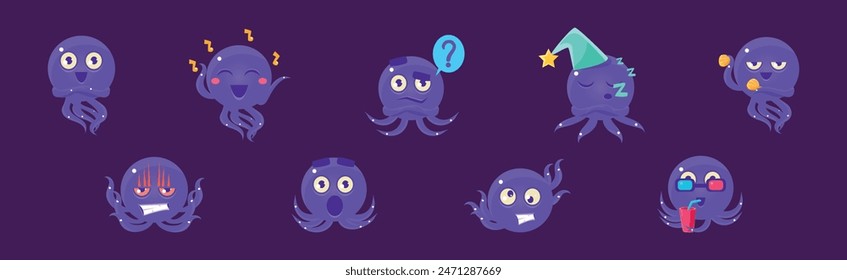 Cute Purple Octopus Character Showing Various Emotion Vector Set