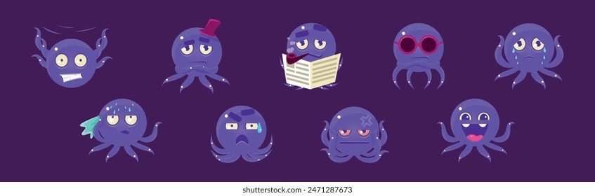 Cute Purple Octopus Character Showing Various Emotion Vector Set