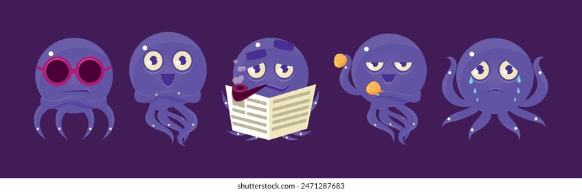 Cute Purple Octopus Character Showing Various Emotion Vector Set