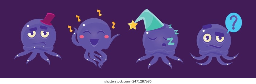 Cute Purple Octopus Character Showing Various Emotion Vector Set