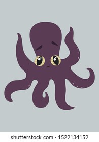 Cute purple octopus. Character violet animal. Vector flat illustration