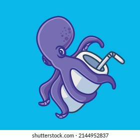 Cute purple octopus drink on glass with straw. isolated cartoon animal nature illustration. Flat Style Sticker Icon Design Premium Logo vector. Mascot Character