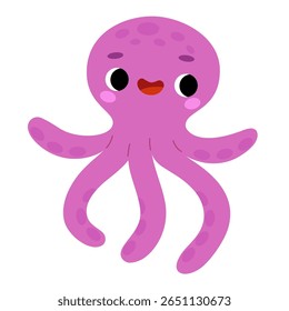Cute purple octopus isolated on white background. Funny sea animal for educational games and underwater content. Kawaii character in flat vector style