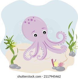 cute purple octopus on the background of the seabed