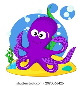 Cute purple octopus on the seabed. Cartoon vector illustration for children