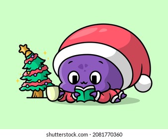 A CUTE PURPLE OCTOPUS IS READING A BOOK AND WEARING SANTA COSTUME.