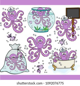 Cute purple octopus set digital elements
