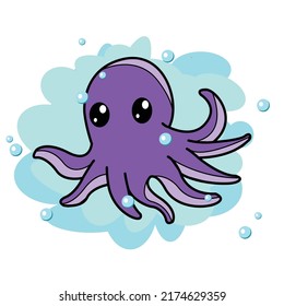 cute purple octopus swimming around bubbles