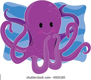 Cute purple octopus with waves of water