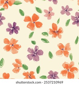 Lindo patrón de acuarela transparente floral púrpura y naranja con fondo de acuarela. Florece y deja Ilustración vectorial. Impresión de acuarela en estilo rústico vintage, textil o Fondos de pantalla.