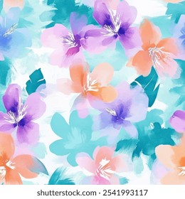 Lindo patrón de acuarela transparente floral púrpura y naranja sobre fondo blanco. Ilustración vectorial de flores. Impresión de acuarela en estilo rústico vintage, textil o Fondos de pantalla.