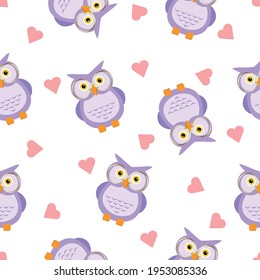 Patrón de búho morado y corazones. Patrón transparente vectorial Palomas inteligentes con gafas doradas y patrón de textura de corazones rosados Se puede utilizar para la impresión de textil y textil de papel de envoltura de papel