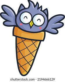 Cute purple owl in ice cream cone illustration