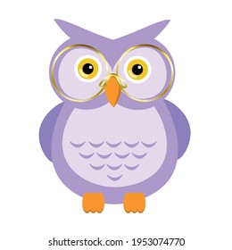 A cute purple owl wearing golden glasses. Vector design element. Purple color wise owl. Cartoon clever owl. Isolated on white.