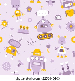 Cute purple pattern with robots for kids. Seamless scandinavian vector print for baby textile and fabric.