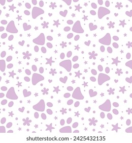 Lindo patrón de pata púrpura con flores y estrellas, fondo vectorial para gatos y perros, pastel