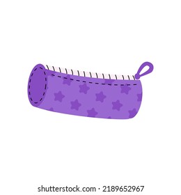 Cute purple pencil case with stars of September 1, go to school. Supplies case. Children's cute stationery subjects. Back to school, college, education, study. 