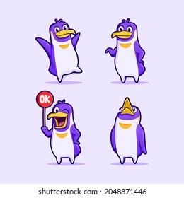Cute purple penguin in various poses bundle set. Illustration vector