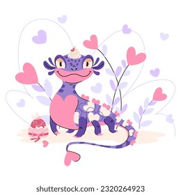 Cute purple pink dragon with hearts isolated on white background. Valentines day magic creature. Symbol of year. Winter Vector cartoon illustration character