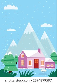 A cute purple and pink house in the middle of pine trees and the backdrop of snow topped mountains during clear sky winter season. Illustration for Christmas.