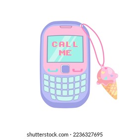 Cute purple pink mobile phone with trinket. Vector illustration of y2k, 2000s, 1990s, 1980s graphic design. Comic element for sticker, poster, graphic tee print, bullet journal cover, card. Bright