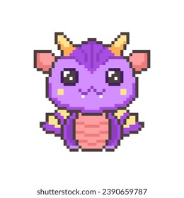 Cute purple pixel dragons. Kawaii colorful funny dinosaur with fantasy 8bit graphics and horns and legendary smiling little vector monsters