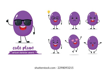 Cute purple plum different face emotion. Fruit activity cartoon vector illustration in flat design. 