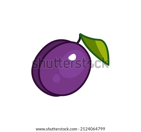 Cute purple plum with green leaf. Vector illustration of a fruit in a cartoon childish style. Isolated funny clipart on white background. cute print
