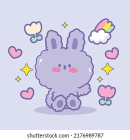 Cute Purple Rabbit Or Bunny Sticker Hand Drawn Cartoon Illustration