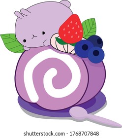 Cute violette Kaninchen, Vektorgrafik. Kaninchen auf dem Kuchen mit Beeren-Illustration. Kawaii Kaninchen, Vektorgrafik einzeln. Kuchen mit Beeren und cremefarbene Vektorgrafik.