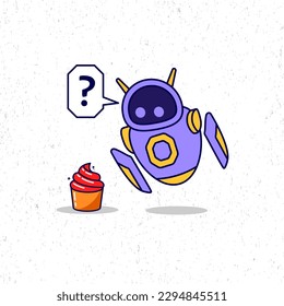 Cute purple robot curious about the red cupcakes icon illustration. Flat cartoon character design. Suitable for mascot, graphic resources.