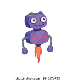 Cute purple robot flying on fire. Vector illustration on white background.