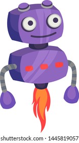 Cute purple robot flying on fire. Vector illustration on white background.