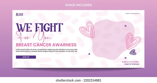 cute purple satin ribbon with love breast cancer awareness banner design template 