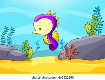 Cute purple seahorse in the sea background vector