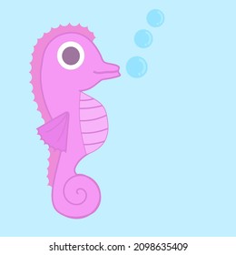 Cute purple seahorse.Fish in ocean.Sea horses with bubbles.Hippocampus concept.Undersea animal.Sign, symbol, icon or logo isolated.Cartoon vector illustration.Flat design.Doodle or clipart.
