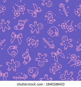 Cute purple seamless Christmas pattern from new year icons. Traditional new year symbols to decorate wrapping paper or create backgrounds and postcards.