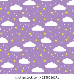 Cute purple seamless pattern with stars and clouds, perfect for nursery decoration, and prints. Indie kid style