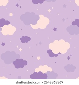 Cute purple sky pattern. Seamless vector design with stars and clouds in cartoon style. Baby illustration.