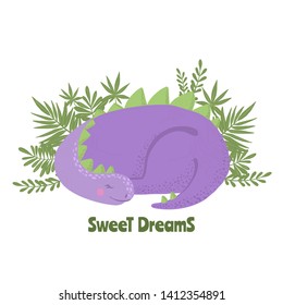 Cute purple sleeping dinosaur with green leaves. Good night concept. Design element for t-shirt, kids apparel, poster, nursery or etc. Vector illustration.