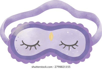 Cute purple sleeping mask with closed eyes embroidery, watercolor vector illustration. Bedtime and relaxation accessory.