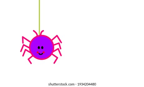 The cute purple smiley face spider hanging on the white background in the children art style ( vector ) 