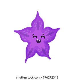 Cute purple smiling cartoon starfish character, invertebrate sea animal cartoon vector Illustration